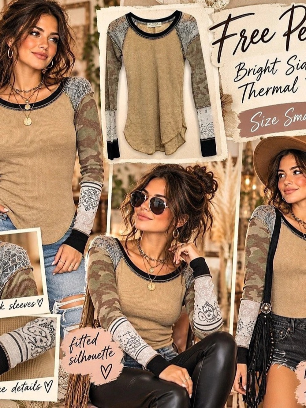 Free People Bright Side Thermal Top Camo Brown & Gray Small